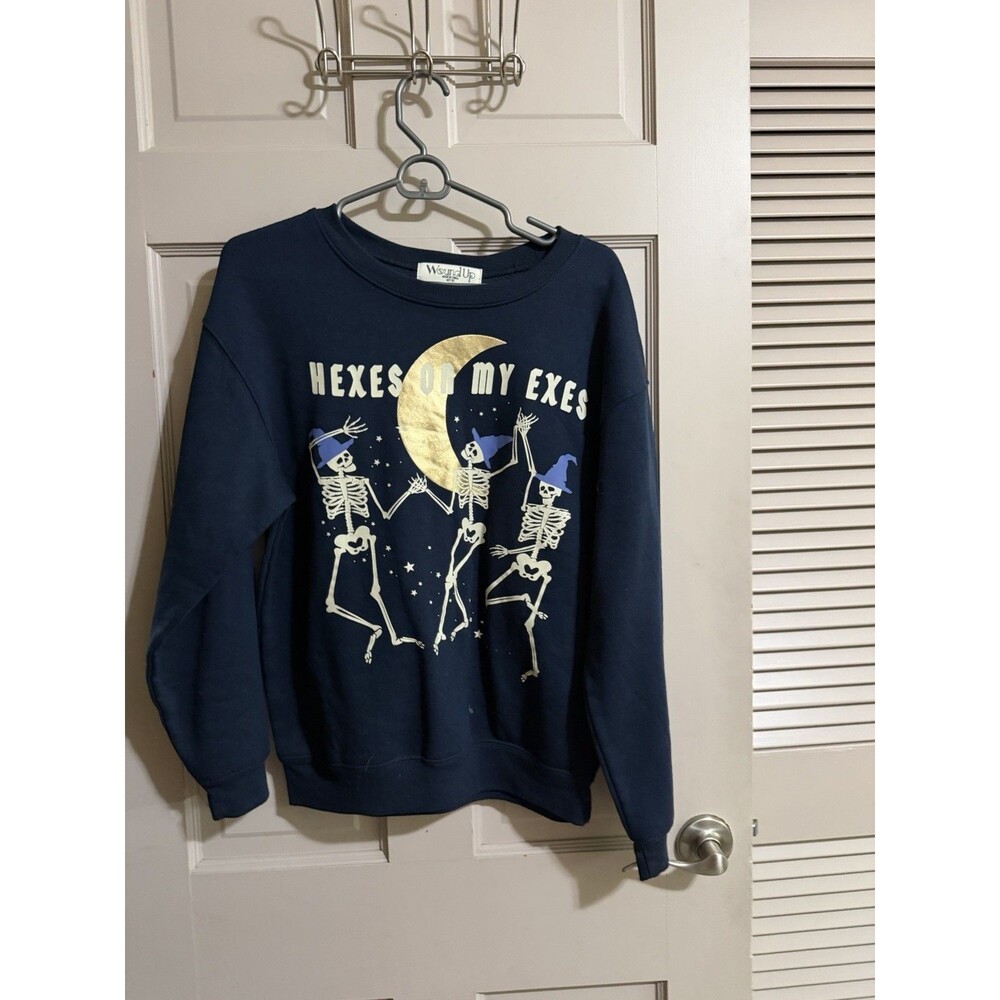 Wound Up Women Skeleton Hexes on My Exes Navy Blue Size M Halloween Sweatshirt